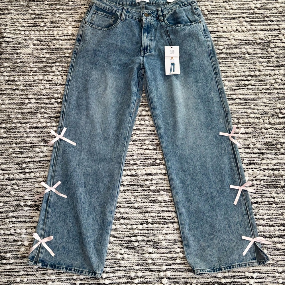 Women’s Light Blue Wide-Leg Jeans with Side Bow Details